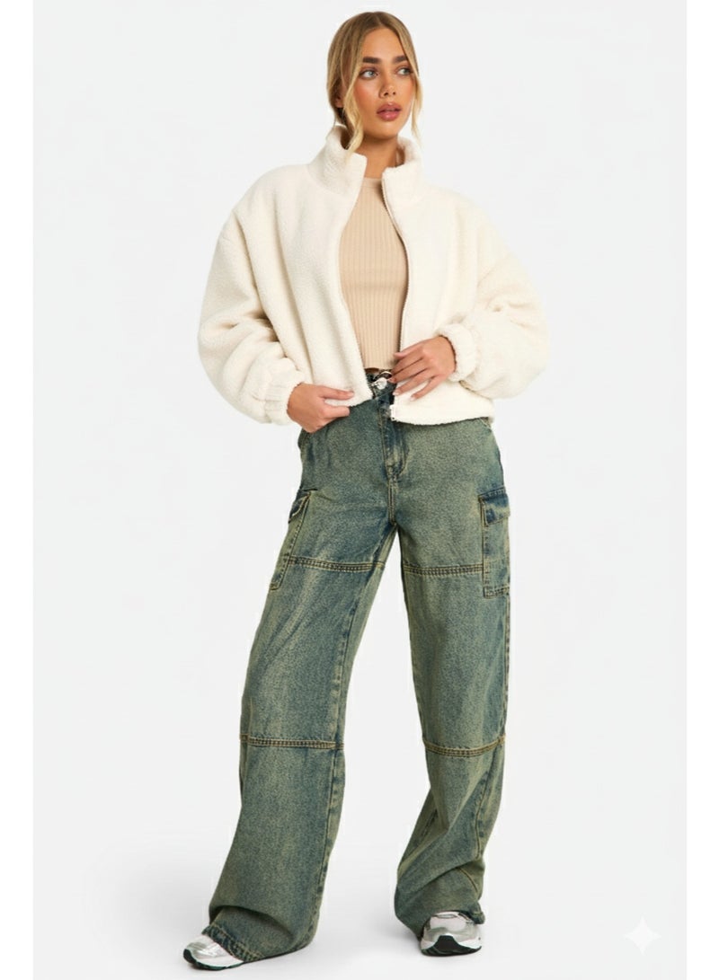 جاكيت تيدي للنساء، فرو صناعي ابيض كريمي، طول قصير، رقبة عالية، ملابس خارجية كاجوال شتوية - Image 1